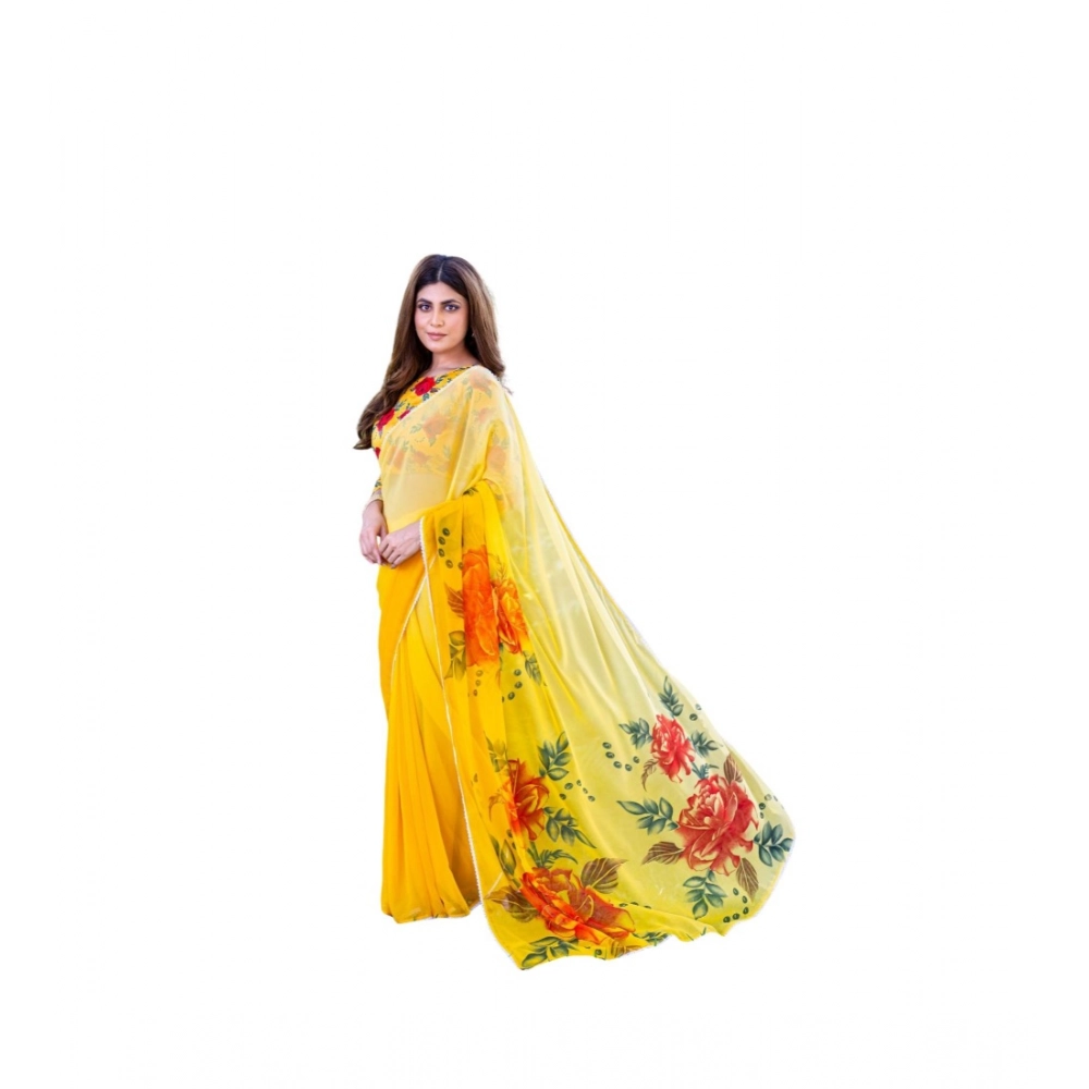 Women's Georgette Printed Saree With Unstitched Blouse 5.5Mtr?(Yellow)