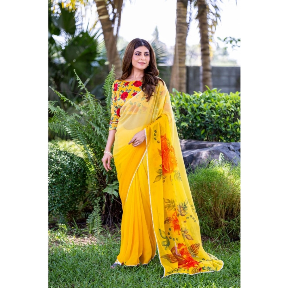 Women's Georgette Printed Saree With Unstitched Blouse 5.5Mtr?(Yellow) - Image 4