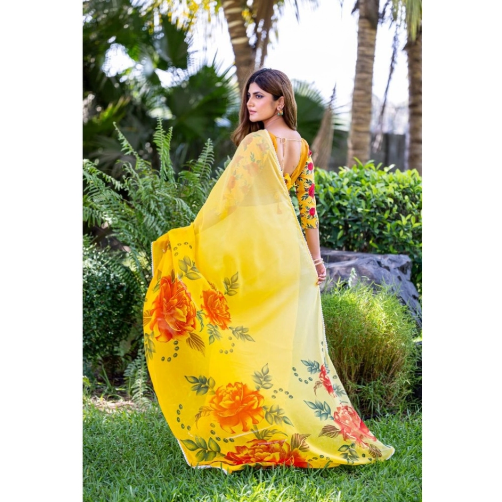 Women's Georgette Printed Saree With Unstitched Blouse 5.5Mtr?(Yellow) - Image 2