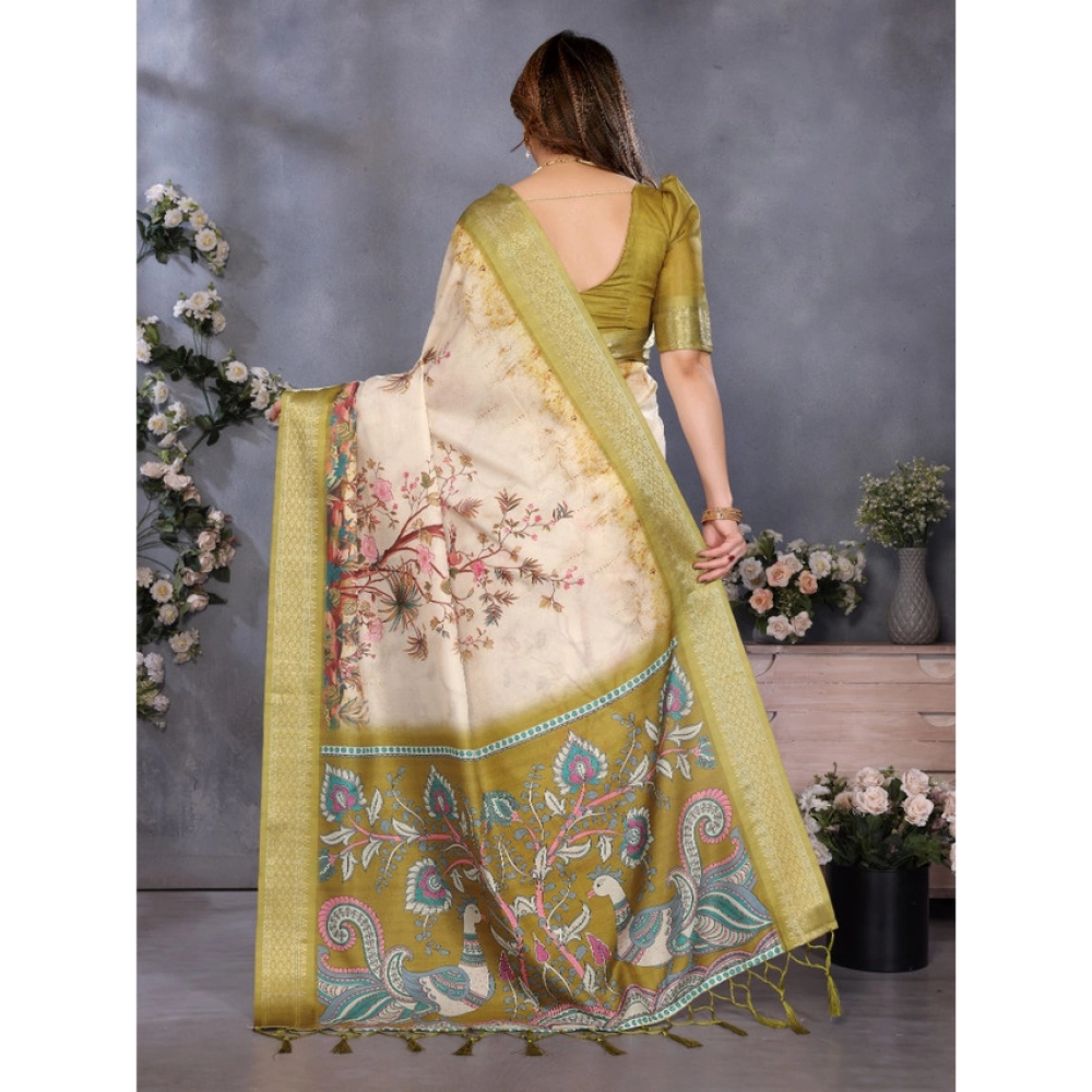 Women's Cotton Silk Printed Saree With Unstitched Blouse 5.5Mtr (Olive Green) - Image 2