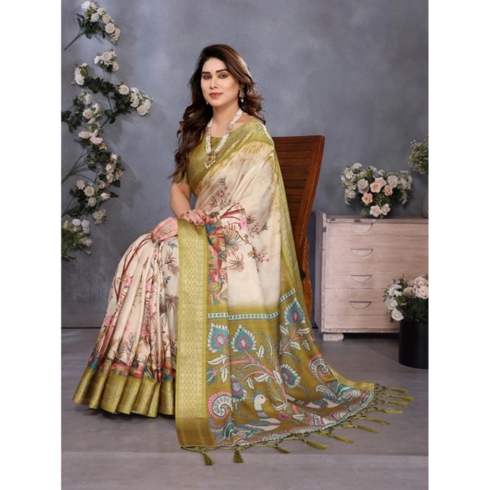 Women's Cotton Silk Printed Saree With Unstitched Blouse 5.5Mtr (Olive Green) - Image 3