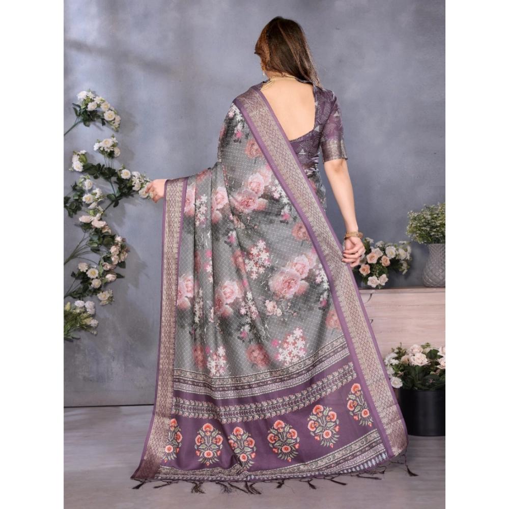 Women's Cotton Silk Printed Saree With Unstitched Blouse 5.5Mtr?(Wine?) - Image 3