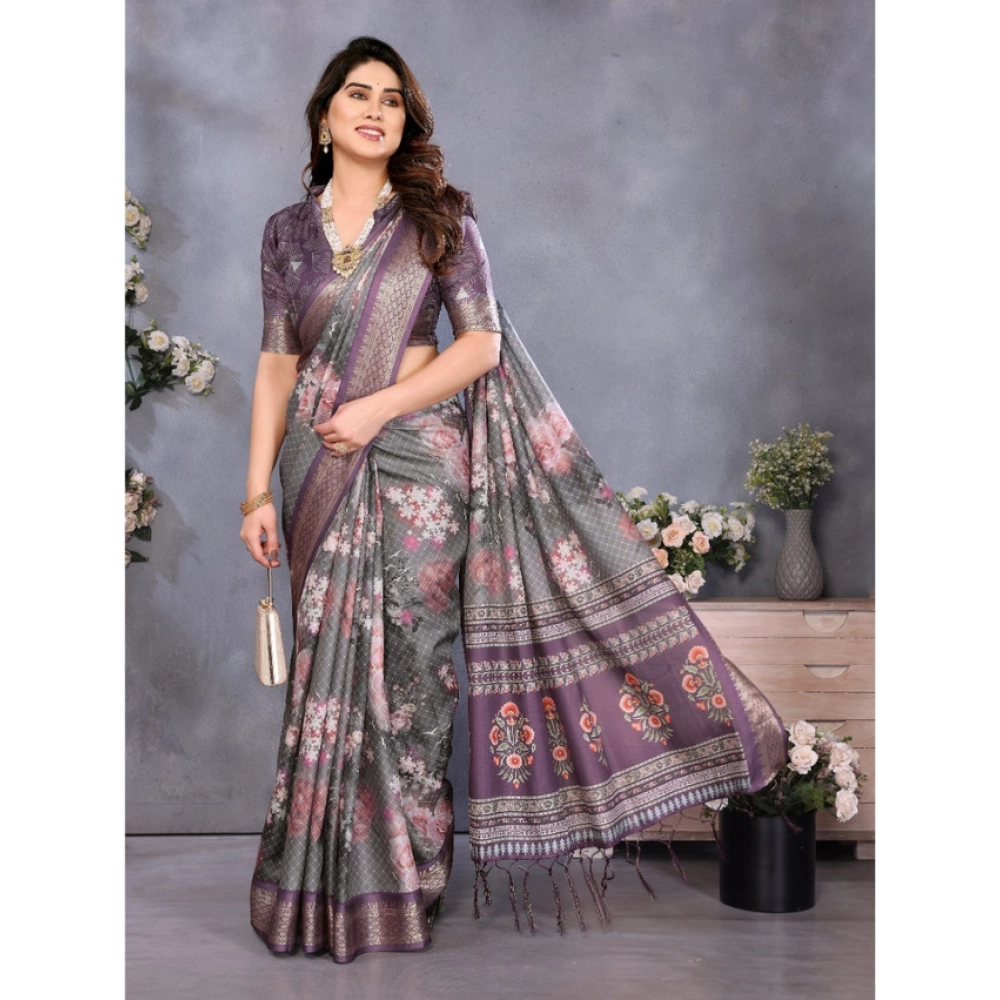 Women's Cotton Silk Printed Saree With Unstitched Blouse 5.5Mtr?(Wine?) - Image 2