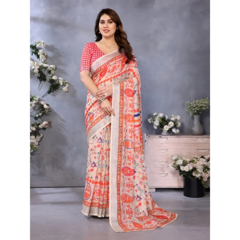 Alternative view of Women's Linen Cotton  Printed Saree With Unstitched Blouse 5.5Mtr (Orange )