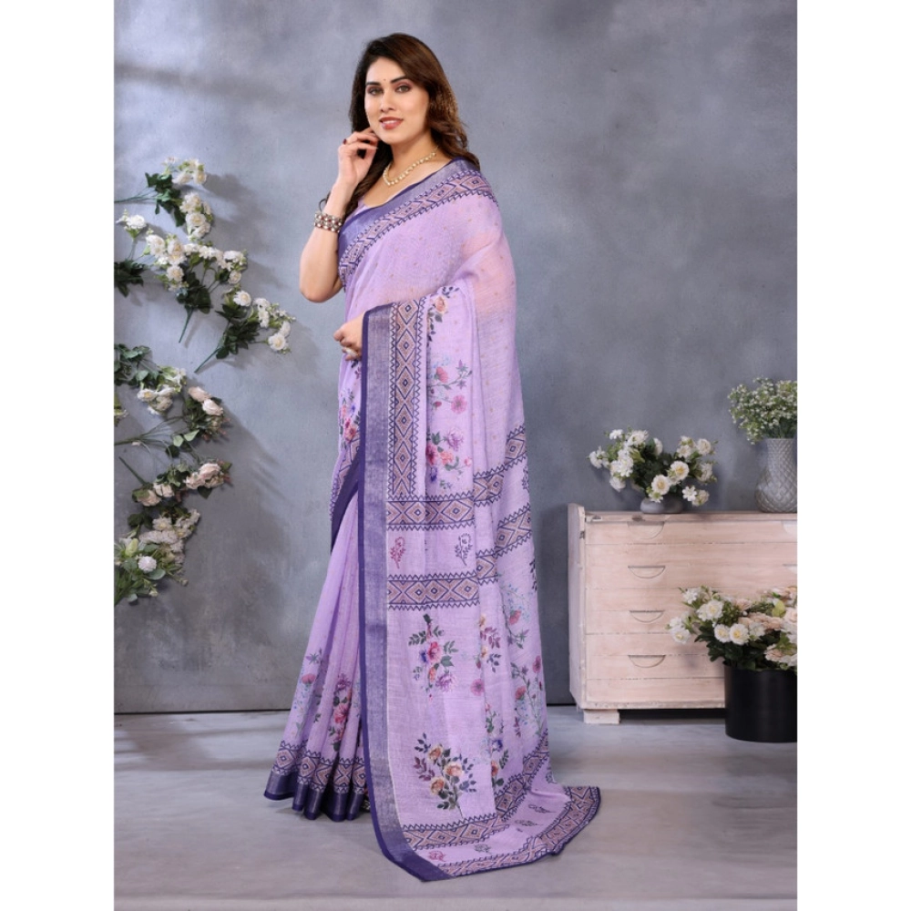 Women's Linen Cotton Printed Saree With Unstitched Blouse 5.5Mtr?(Purple) - Image 4