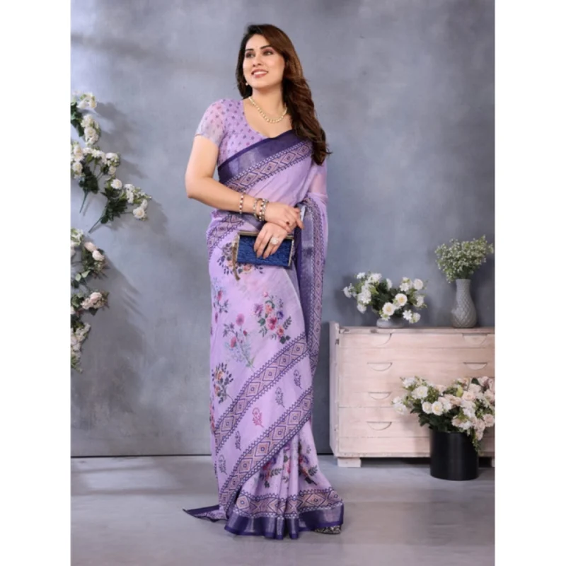 Alternative view of Women's Linen Cotton  Printed Saree With Unstitched Blouse 5.5Mtr?(Purple)