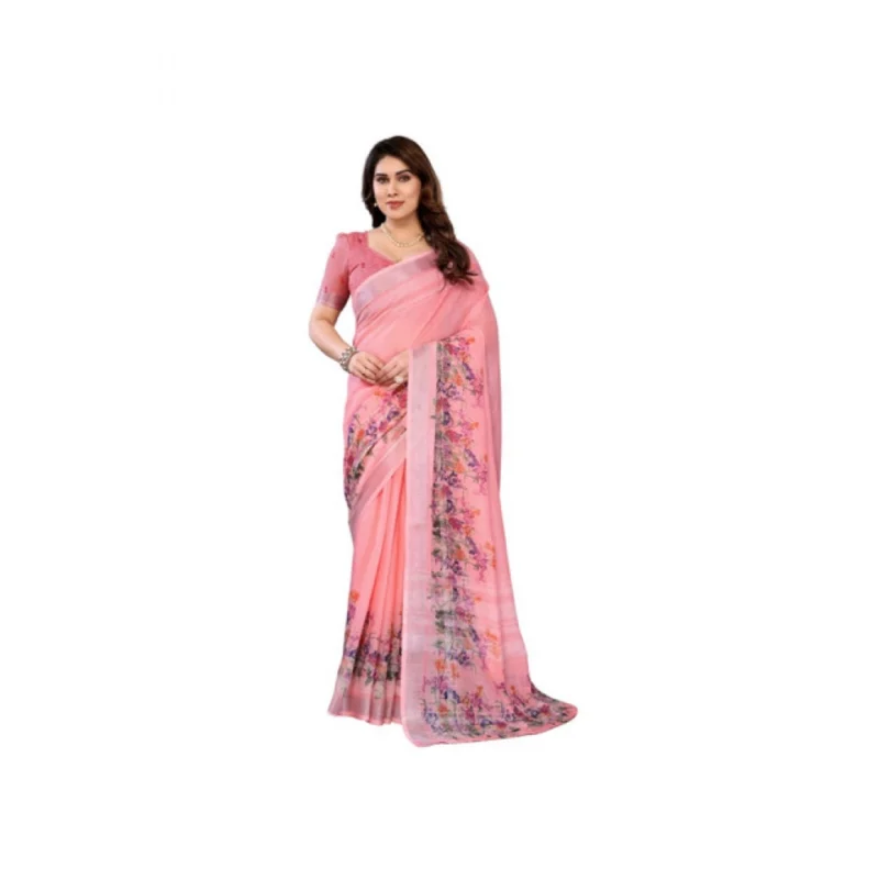 Women's Linen Cotton  Printed Saree With Unstitched Blouse 5.5Mtr?(Peach)