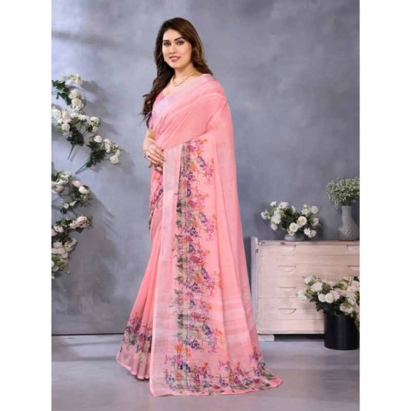 Alternative view of Women's Linen Cotton  Printed Saree With Unstitched Blouse 5.5Mtr?(Peach)