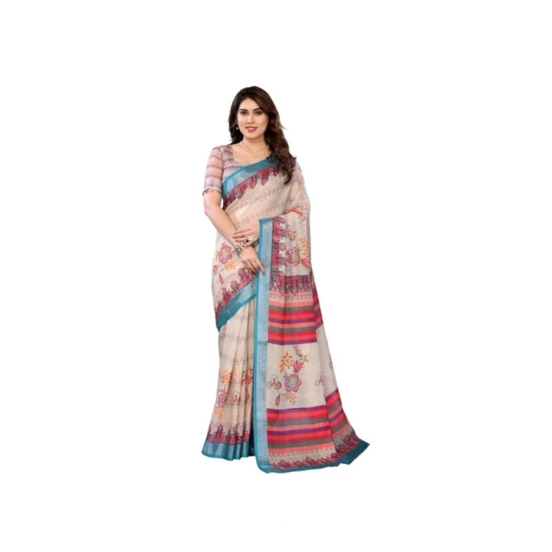 Women's Linen Cotton  Printed Saree With Unstitched Blouse 5.5Mtr (Cream)