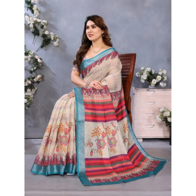 Alternative view of Women's Linen Cotton  Printed Saree With Unstitched Blouse 5.5Mtr (Cream)