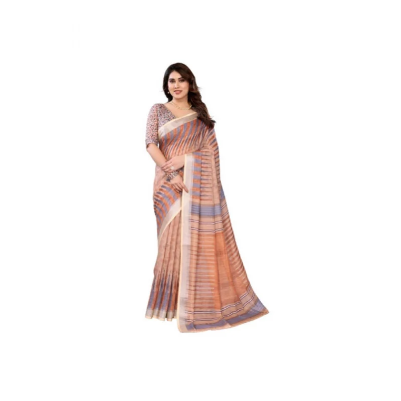 Women's Linen Cotton  Printed Saree With Unstitched Blouse 5.5Mtr?(Brown)