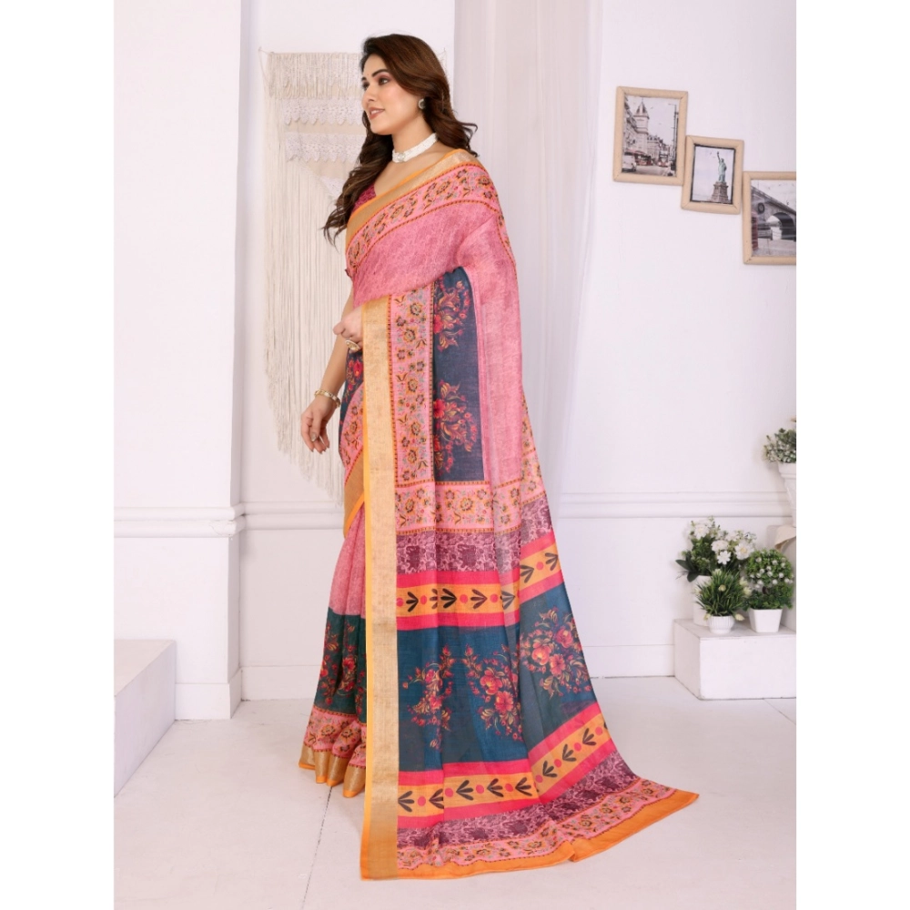 Women's Linen Cotton Printed Saree With Unstitched Blouse 5.5Mtr?(Pink) - Image 4