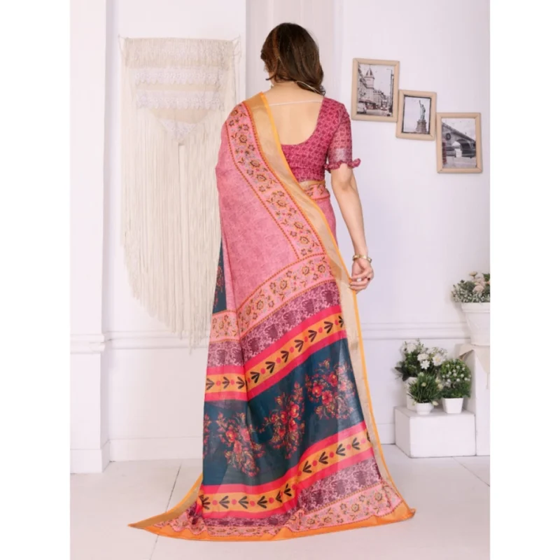 Alternative view of Women's Linen Cotton  Printed Saree With Unstitched Blouse 5.5Mtr?(Pink)