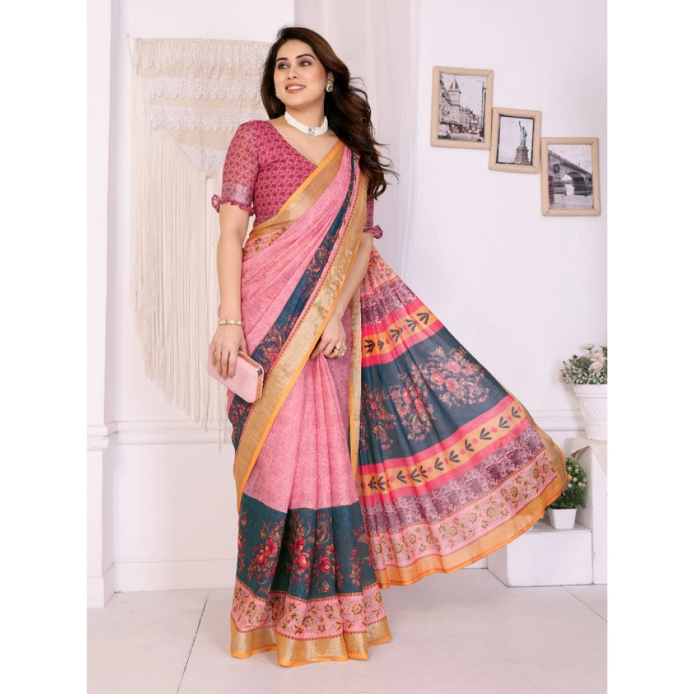 Women's Linen Cotton Printed Saree With Unstitched Blouse 5.5Mtr?(Pink) - Image 3