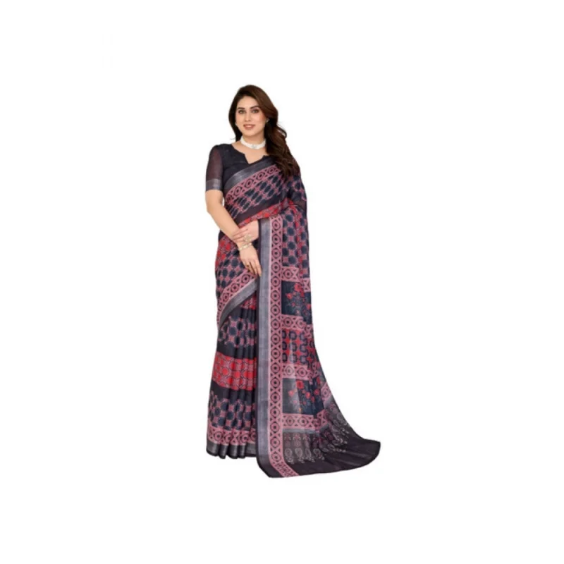 Women's Linen Cotton  Printed Saree With Unstitched Blouse 5.5Mtr?(Black)