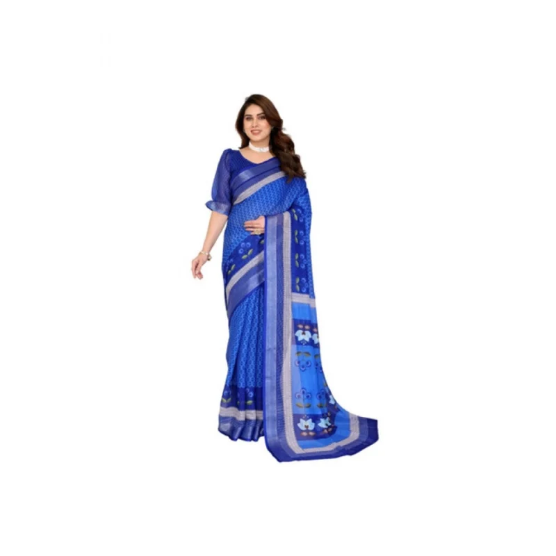 Women's Linen Cotton  Printed Saree With Unstitched Blouse 5.5Mtr?(Blue)