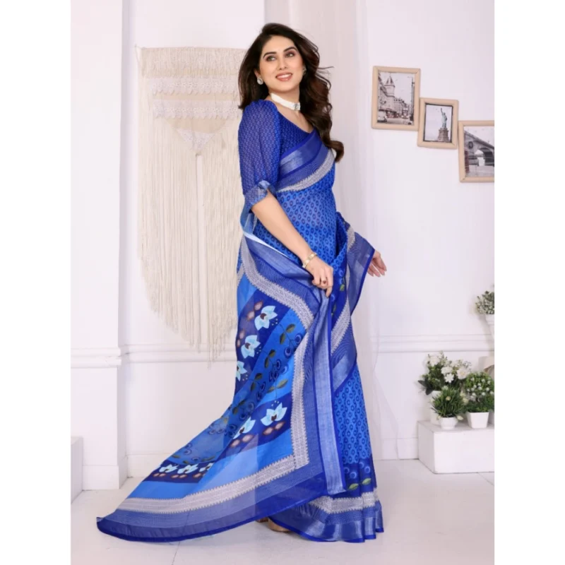 Alternative view of Women's Linen Cotton  Printed Saree With Unstitched Blouse 5.5Mtr?(Blue)