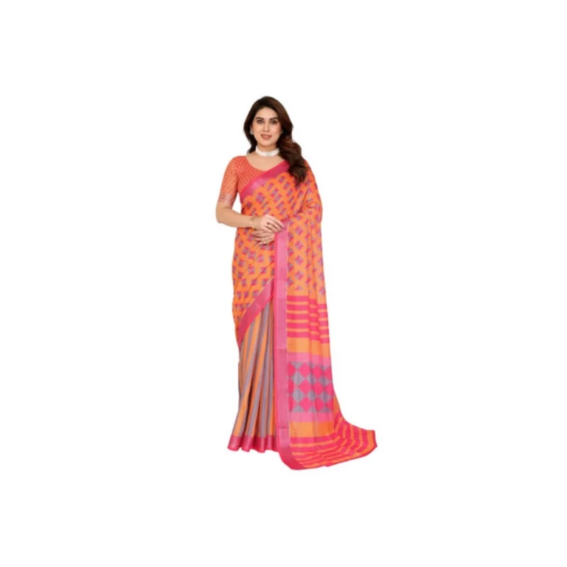 Women's Linen Cotton  Printed Saree With Unstitched Blouse 5.5Mtr?(Orange?)