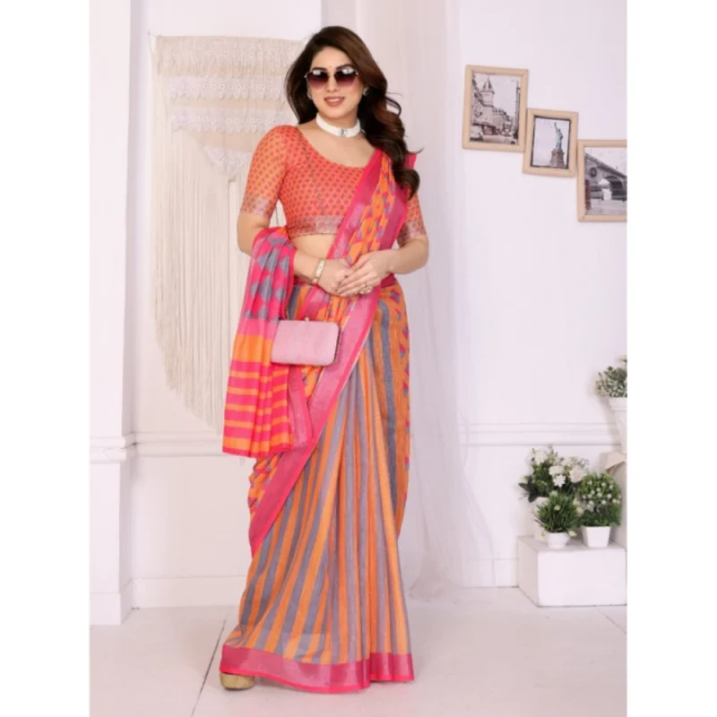 Alternative view of Women's Linen Cotton  Printed Saree With Unstitched Blouse 5.5Mtr?(Orange?)