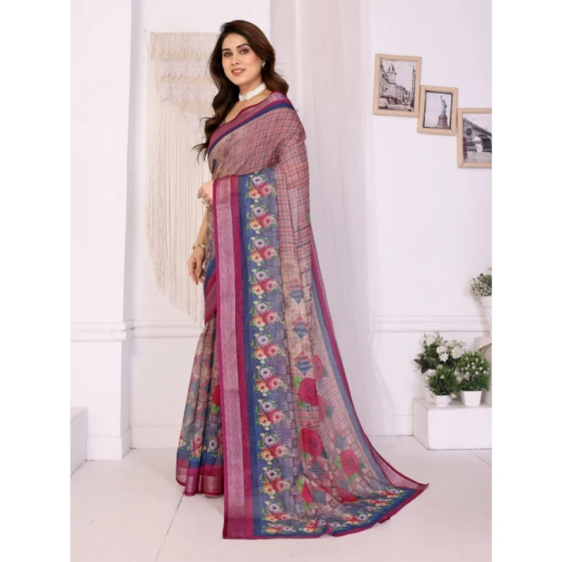 Alternative view of Women's Linen Cotton  Printed Saree With Unstitched Blouse 5.5Mtr (Wine )