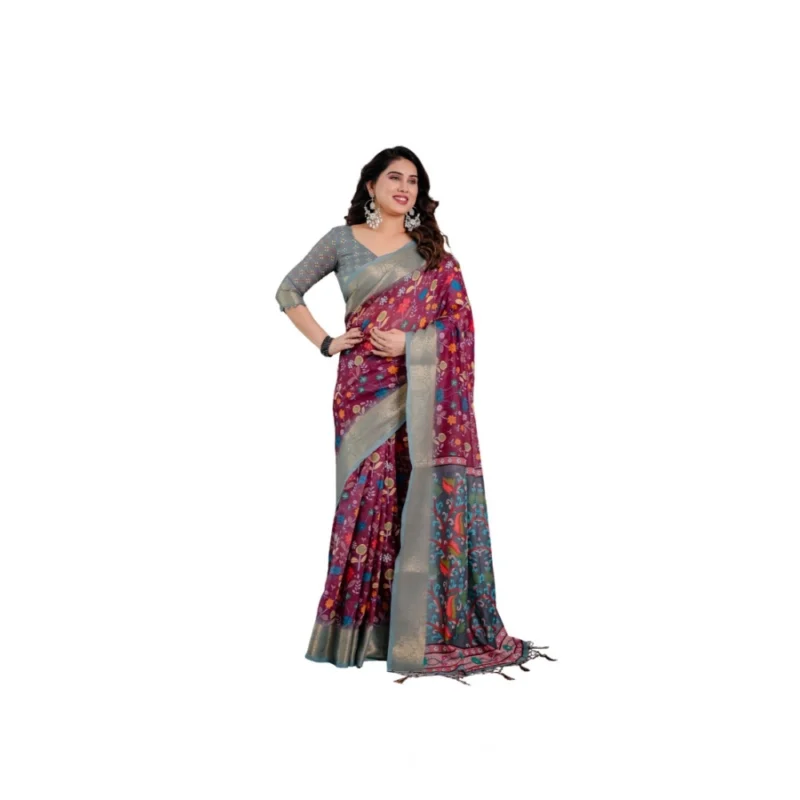 Women's Linen  Printed Saree With Unstitched Blouse 5.5Mtr?(Purple)
