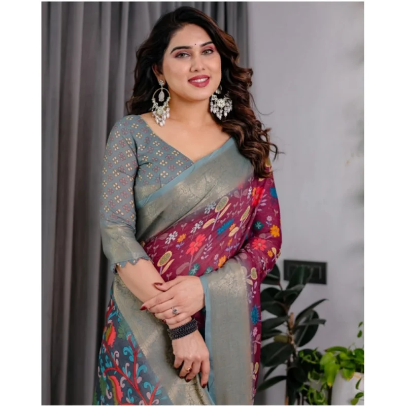 Alternative view of Women's Linen  Printed Saree With Unstitched Blouse 5.5Mtr?(Purple)