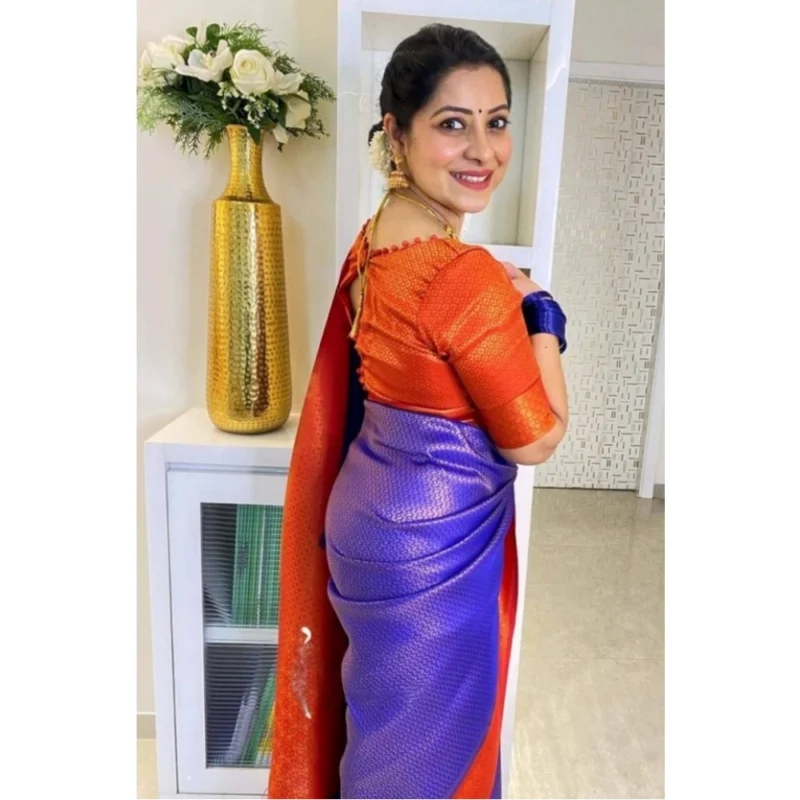 Alternative view of Women's Soft Lichi Silk Printed Saree With Unstitched Blouse 5.5Mtr (Blue)