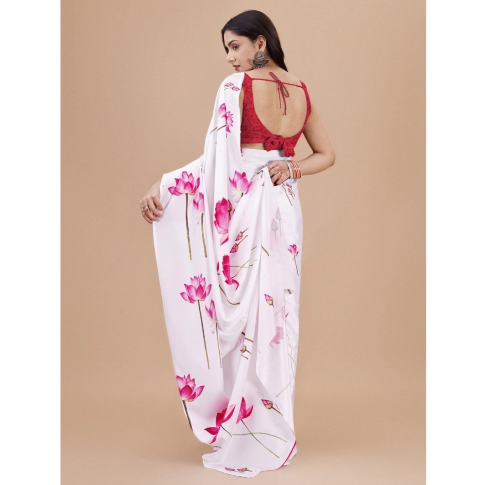 Women's Crepe Digital Print Saree With Unstitched Blouse 5.5Mtr (White) - Image 4