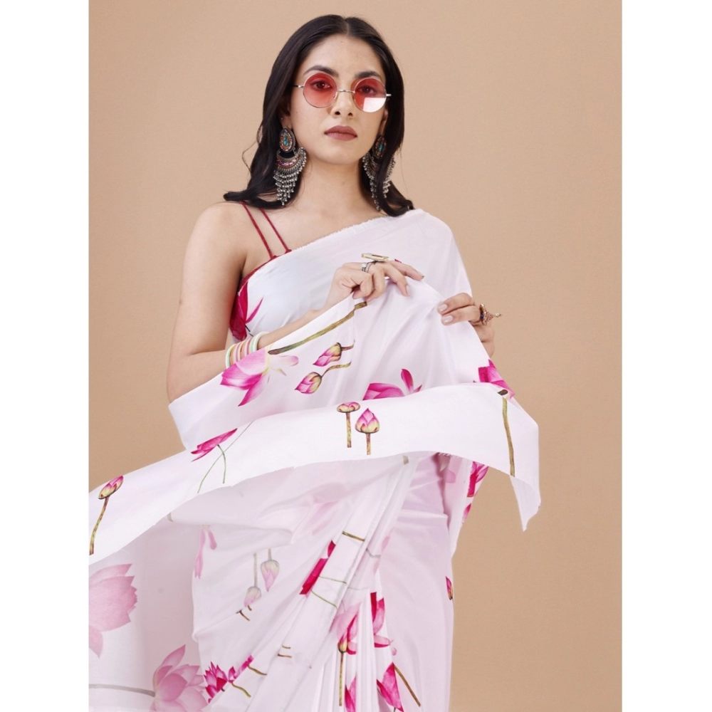 Women's Crepe Digital Print Saree With Unstitched Blouse 5.5Mtr (White) - Image 3