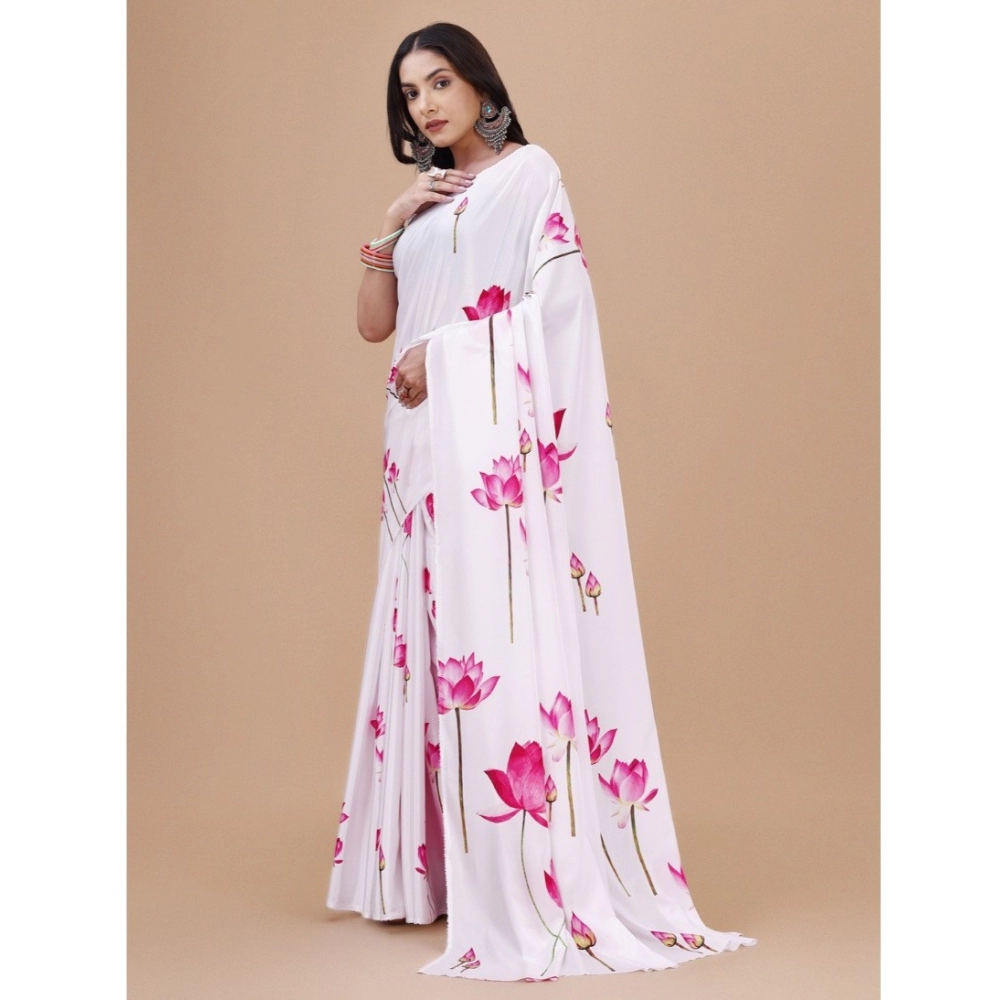 Women's Crepe Digital Print Saree With Unstitched Blouse 5.5Mtr (White) - Image 2