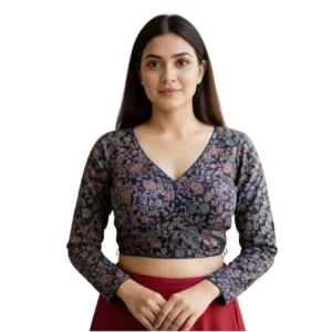 Women's Ajrakh Cotton Printed V-Neck Padded Blouse (Navy 38 Ready (Self Alterable 36–40)