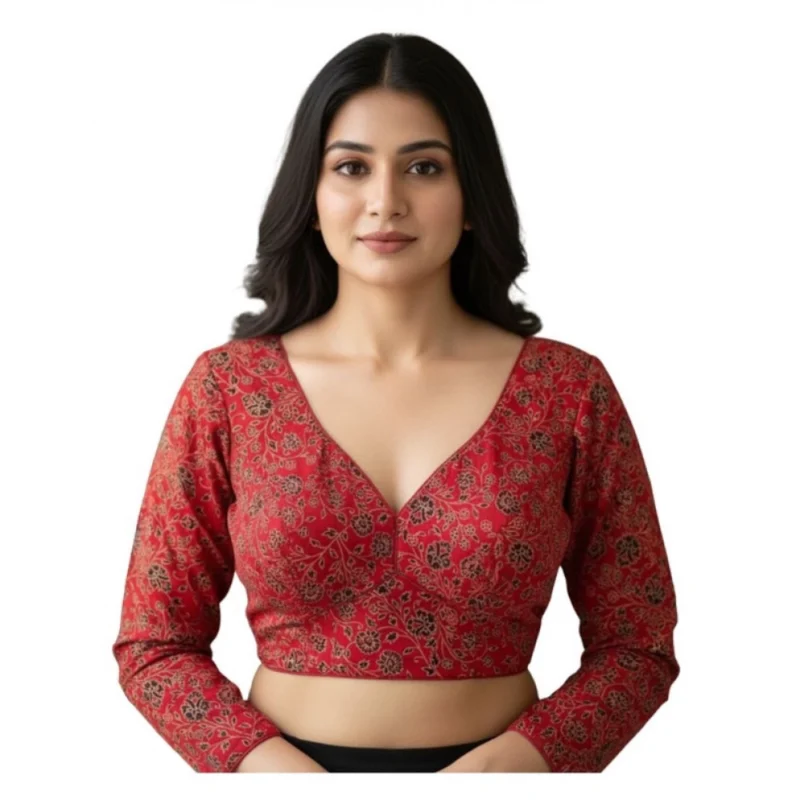 Women's Ajrakh Cotton Printed V-Neck Padded Blouse (Red 38 Ready (Self Alterable 36鈥?0)
