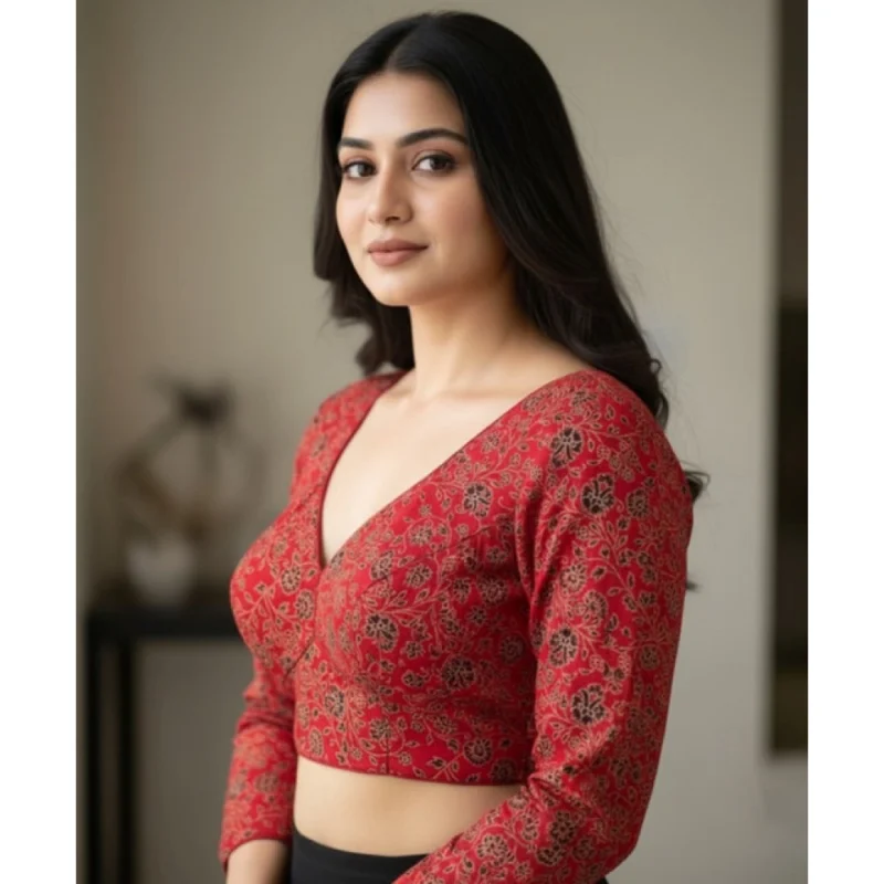 Alternative view of Women's Ajrakh Cotton Printed V-Neck Padded Blouse (Red 38 Ready (Self Alterable 36鈥?0)