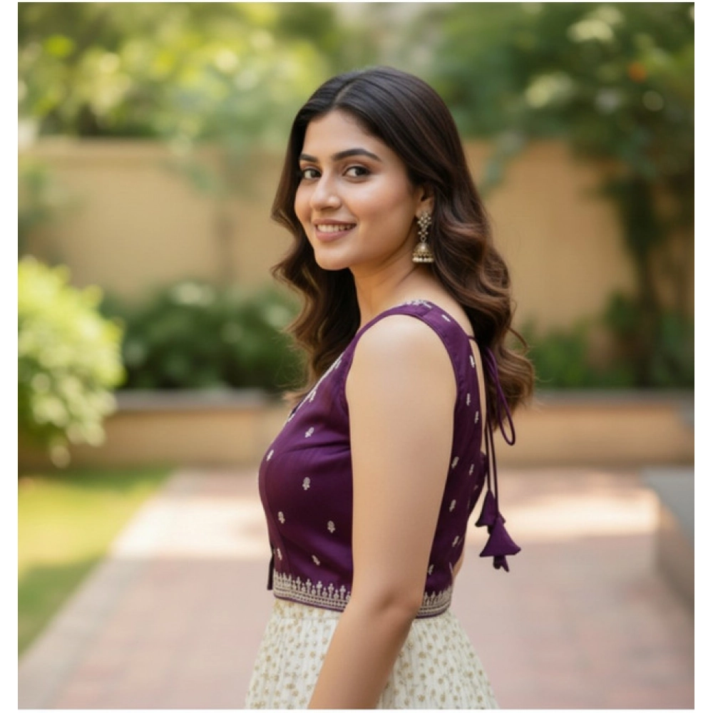 Women's Zimmi Choo Sequin Work V-Neck Padded Blouse (Purple 38 Ready (Self Alterable 36–40) - Image 3