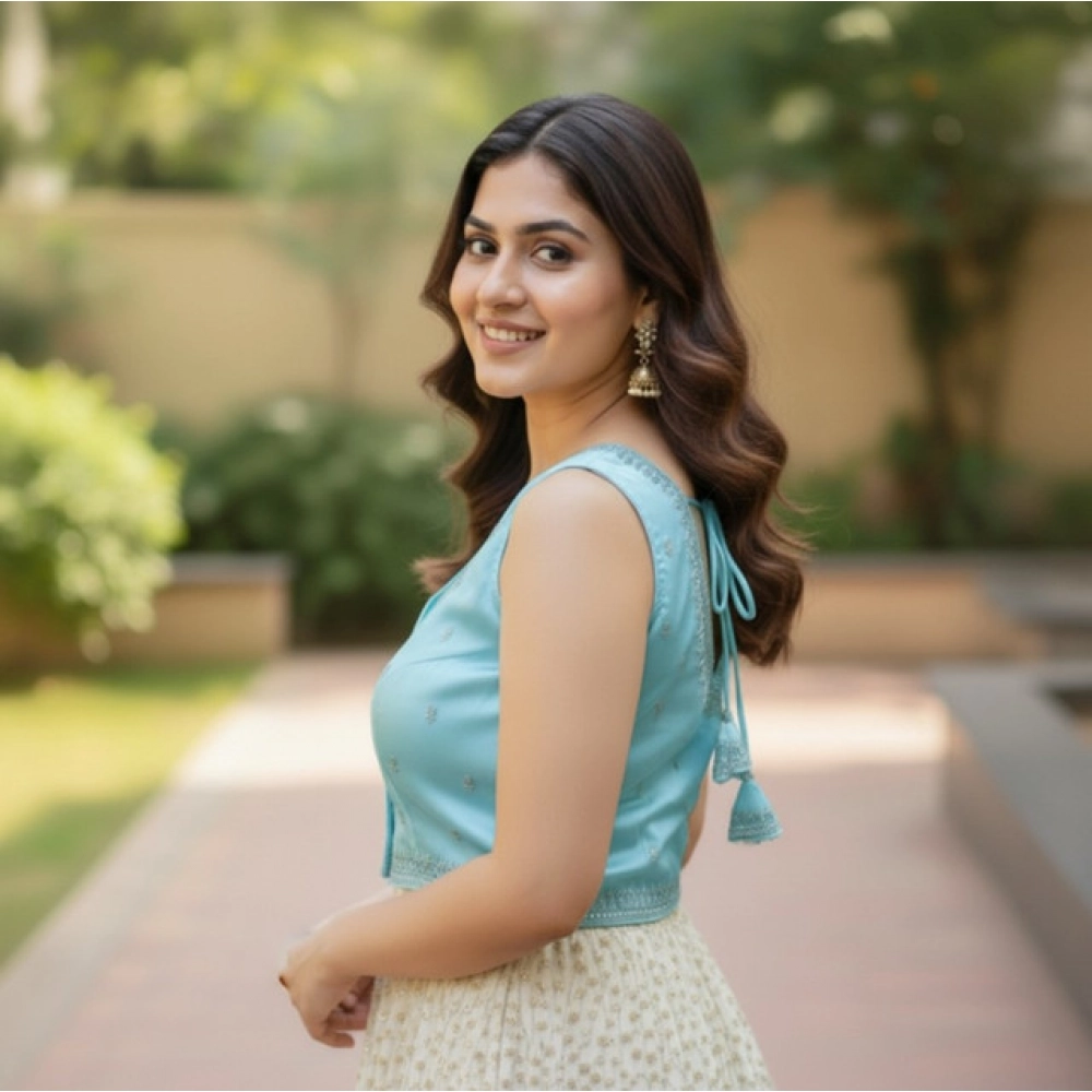 Women's Zimmi Choo Sequin Work V-Neck Padded Blouse (Sky Blue 38 Ready (Self Alterable 36–40) - Image 3