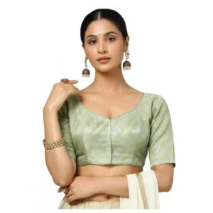 Women's Jacquard Zari Round Neck Padded Blouse (Light Green 38 Ready (Self Alterable 36–40)