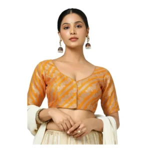 Women's Jacquard Zari Round Neck Padded Blouse (Orange 38 Ready (Self Alterable 36–40)