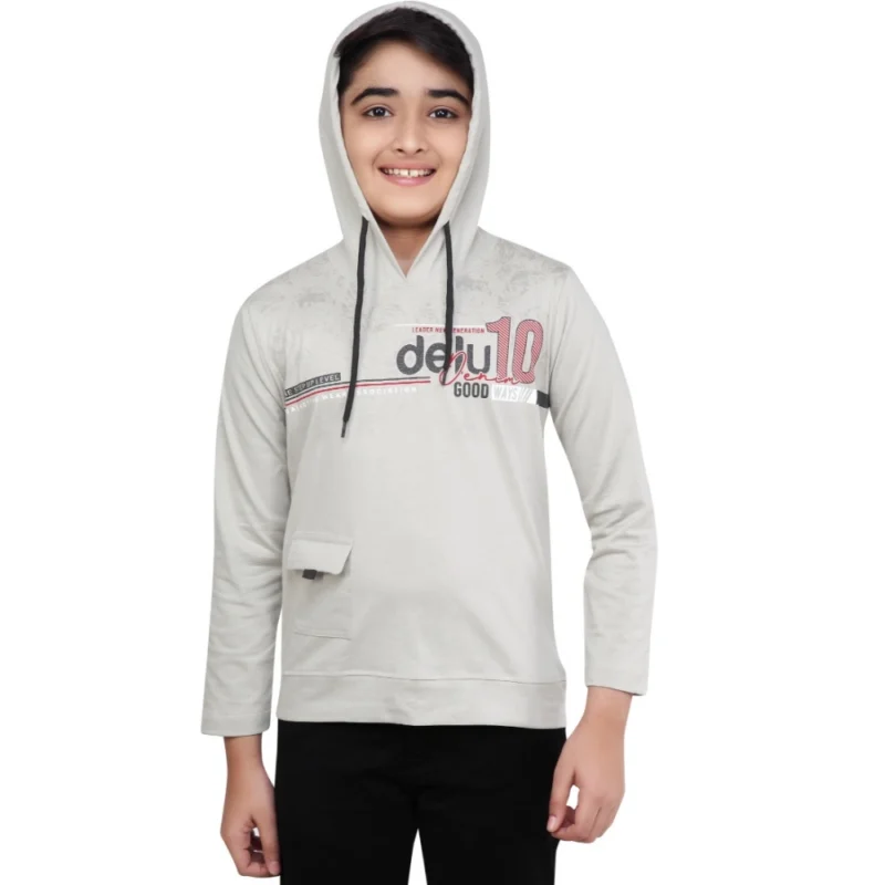 Boy's Cotton Printeded Hooded Neck Hoodies (Grey )