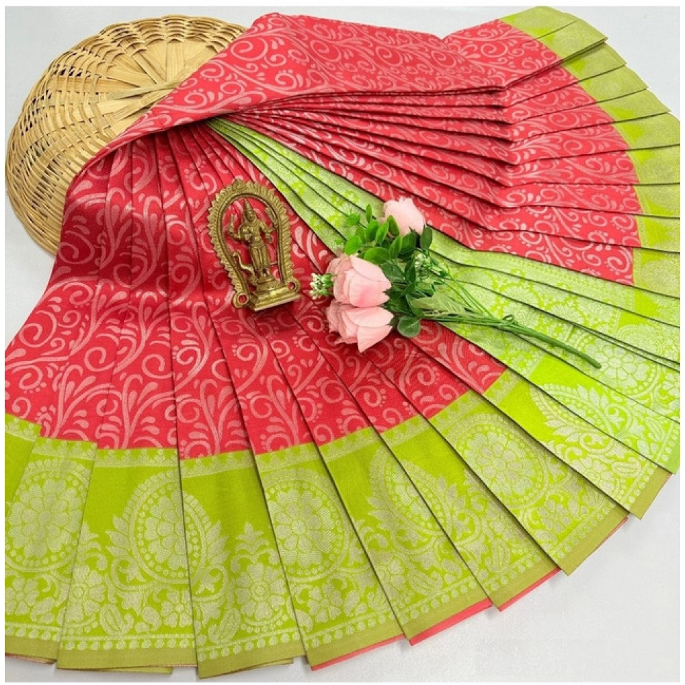 Women's Soft Silk Printed Saree With Unstitched Blouse 5.5Mtr (Red)