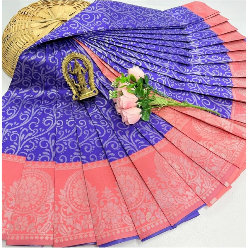 Women's Soft Silk Printed Saree With Unstitched Blouse 5.5Mtr (Indigo Blue)