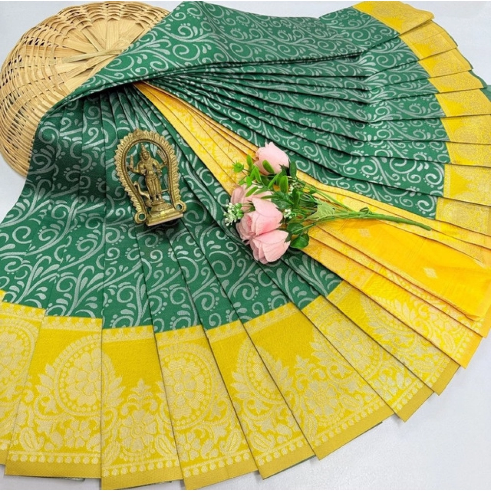 Women's Soft Silk Printed Saree With Unstitched Blouse 5.5Mtr (Olive Green)