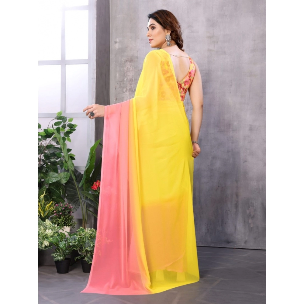 Women's Small Lace Georgette Solid Ready-to-Wear Saree With Unstitched Blouse 5.5 Mtr (Pink-Yellow) - Image 3