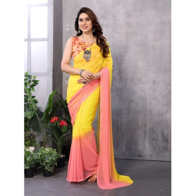 Women's Small Lace Georgette Solid Ready-to-Wear Saree With Unstitched Blouse 5.5 Mtr (Pink-Yellow)