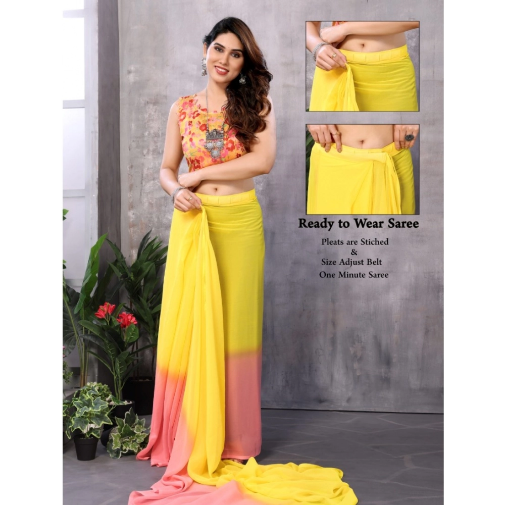 Women's Small Lace Georgette Solid Ready-to-Wear Saree With Unstitched Blouse 5.5 Mtr (Pink-Yellow) - Image 2