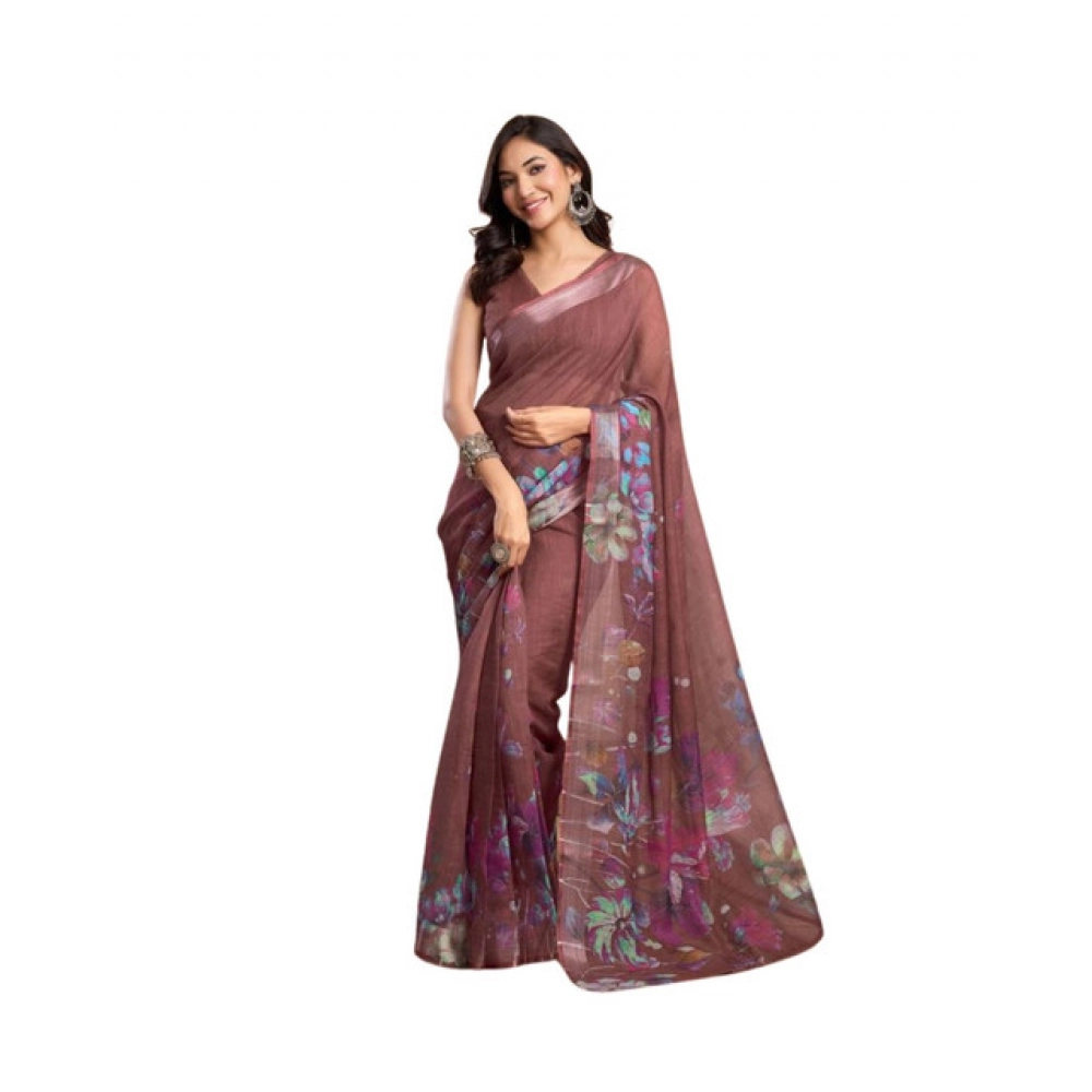 Women's Faux_Linen Printed Ready-to-Wear Saree With Unstitched Blouse 5.5 Mtr (Brown)