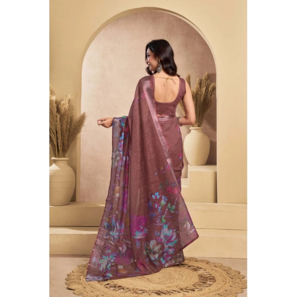 Women's Faux_Linen Printed Ready-to-Wear Saree With Unstitched Blouse 5.5 Mtr (Brown) - Image 4