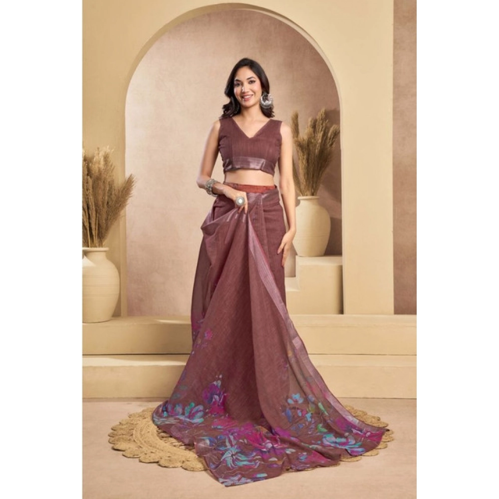 Women's Faux_Linen Printed Ready-to-Wear Saree With Unstitched Blouse 5.5 Mtr (Brown) - Image 3