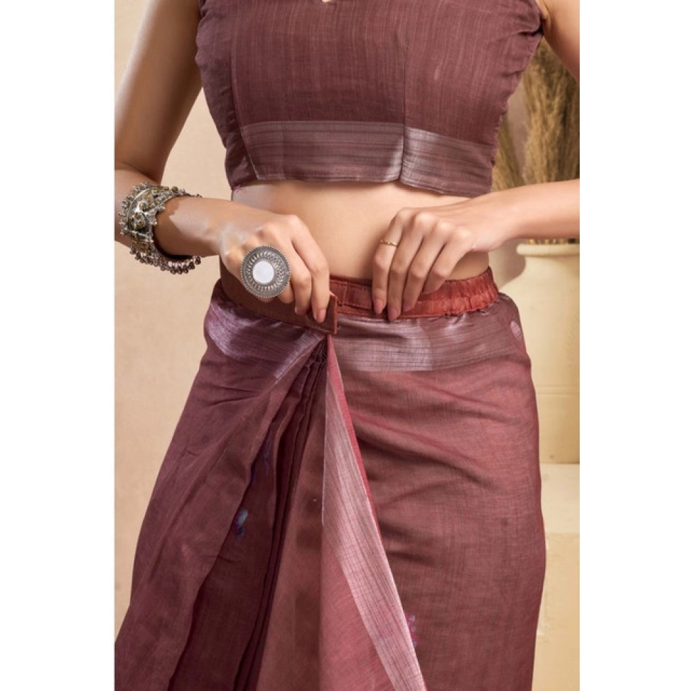 Women's Faux_Linen Printed Ready-to-Wear Saree With Unstitched Blouse 5.5 Mtr (Brown) - Image 2