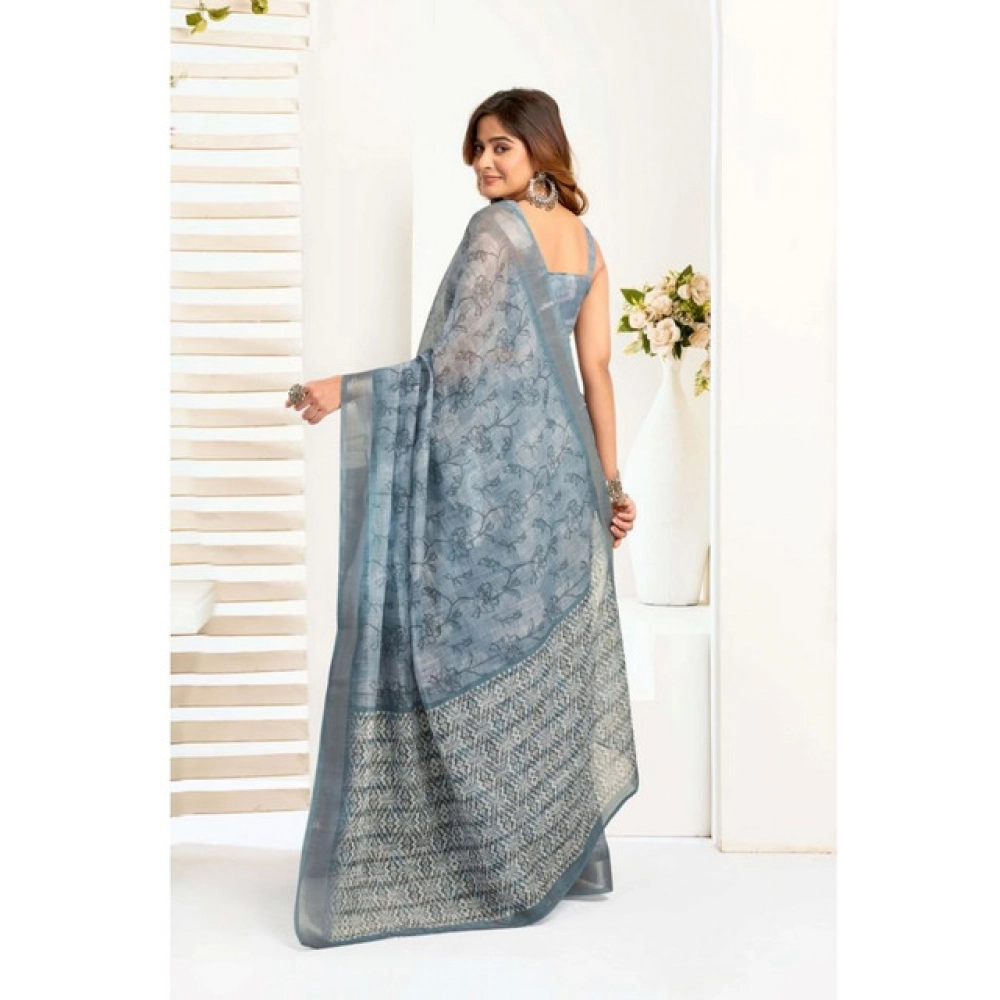 Women's Faux_Linen Printed Ready-to-Wear Saree With Unstitched Blouse 5.5 Mtr (Light_Blue) - Image 4