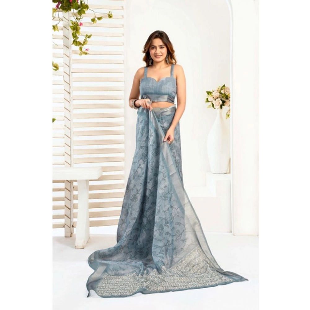 Women's Faux_Linen Printed Ready-to-Wear Saree With Unstitched Blouse 5.5 Mtr (Light_Blue) - Image 3